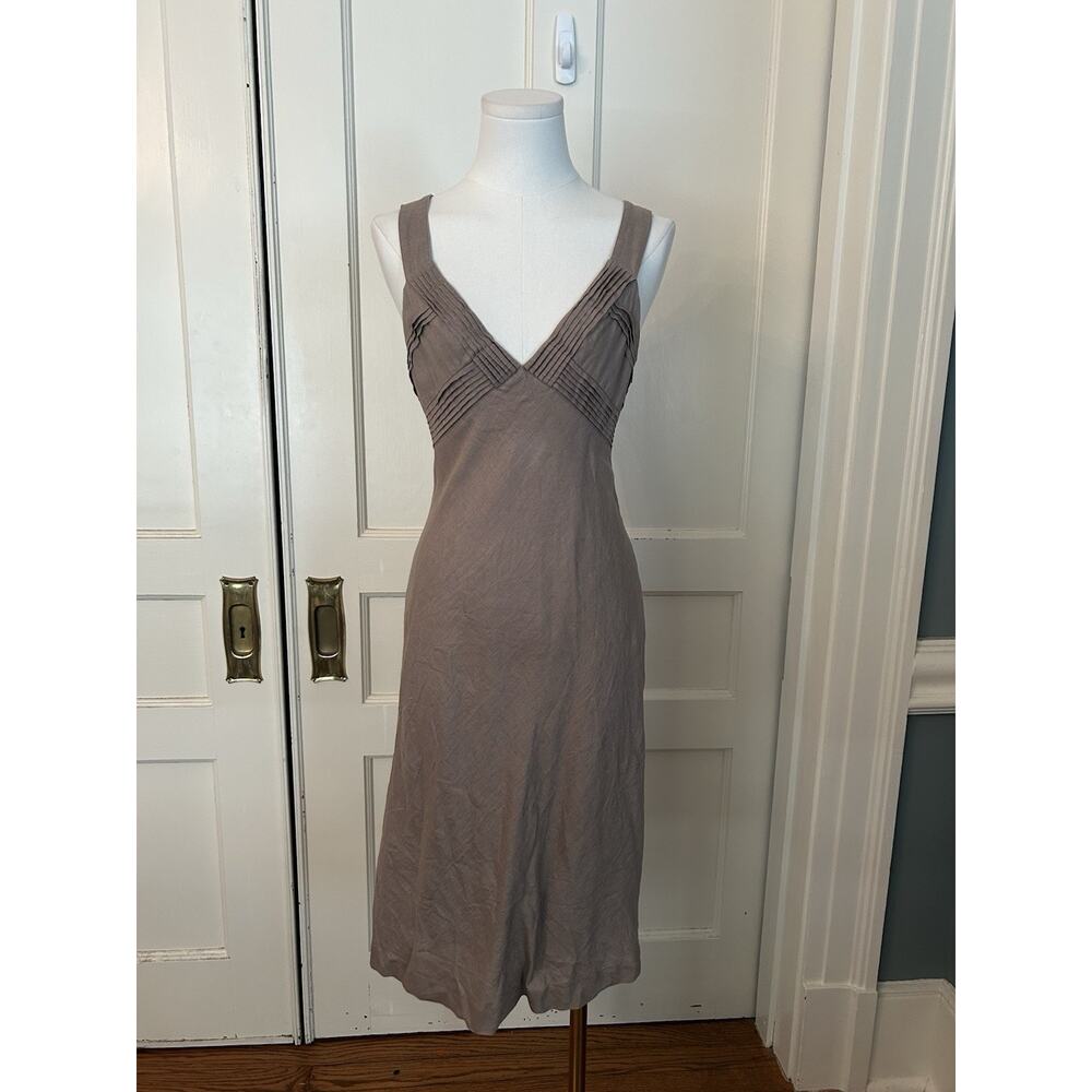 Reiss Linen Sheath Midi Dress Womens Size 2 Brown Coastal Beach Wedding Guest